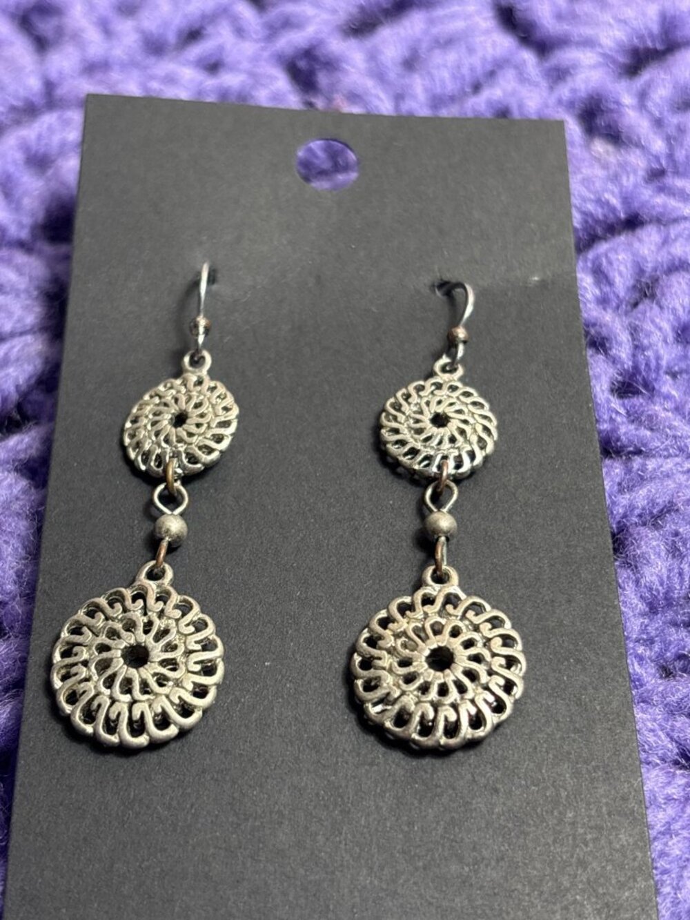 Vintage Silvertone Filigree Circles Dangle Earrings 1.5 inches